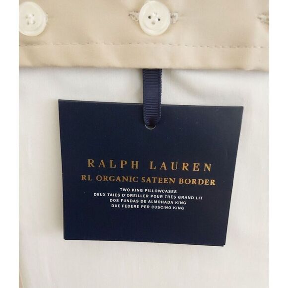 Ralph Lauren Organic Sateen Border 100% Cotton Two King Pillowcases COASTAL SAND - Picture 5 of 13